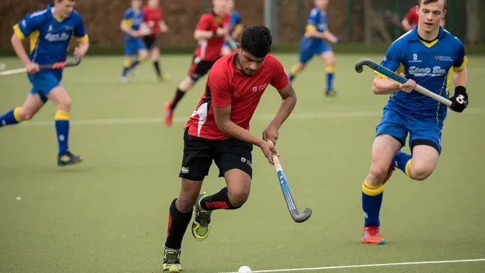 Person wearing red + black hockey kit holding a hockey stick, while competing in hockey match