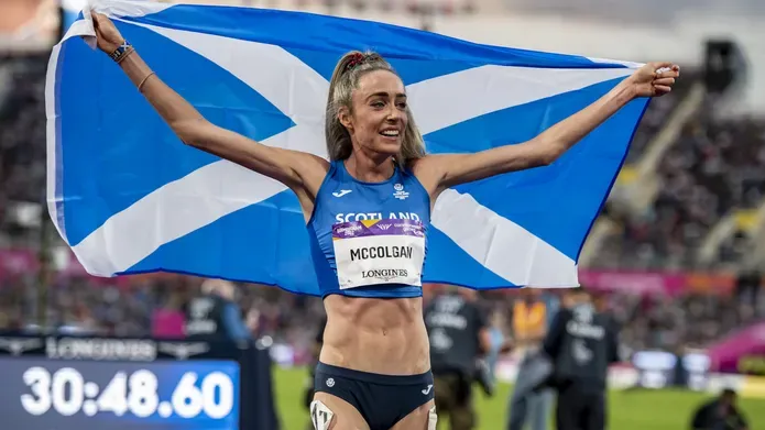 Pic of Eilish McColgan celebrating her Commonwealth Games win while flying Saltire