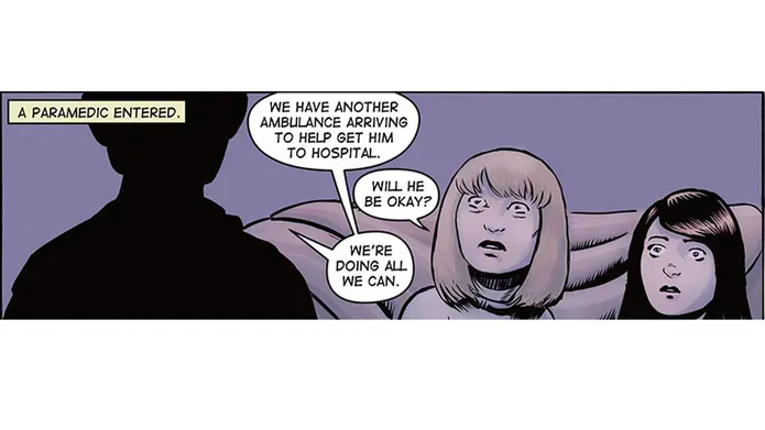 Illustrated meeting between two people and a paramedic.