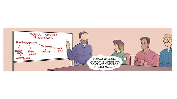 Illustration of a teacher writing on a white board, with three students watching. The writing on the board is about school closures.