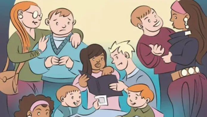 Illustration of a group of people of mixed ages remembering a lost love one together.