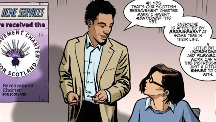 Two people discussing the bereavement charter mark, and how everyone is affected by it.