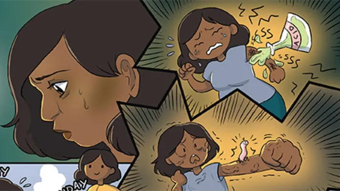 illustration of someone receiving their diagnosis of fibromyalgia, looking upset and then angry.