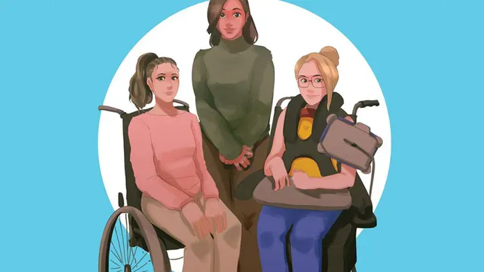 Three illustrated people are in front of a blue background, two of them are in wheelchairs.