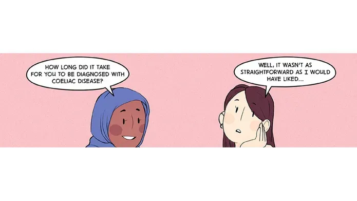 Illustration of two friends discussing coeliac disease.