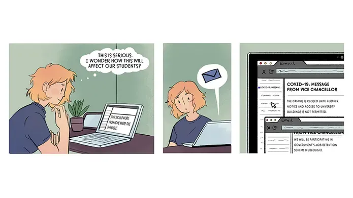 Illustration depicting a staff member reading an important covid message from the principal.