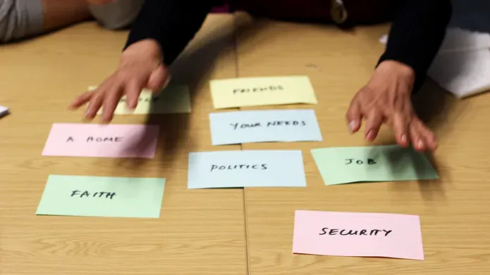 coloured cue cards laid out on a desk read faith, job, security, home, your needs, politics