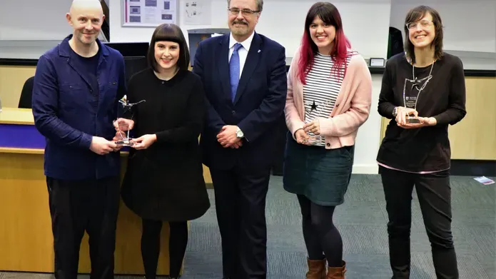 Winners of the 2023 Stephen Fry Awards with Principal Prof Iain Gillespie