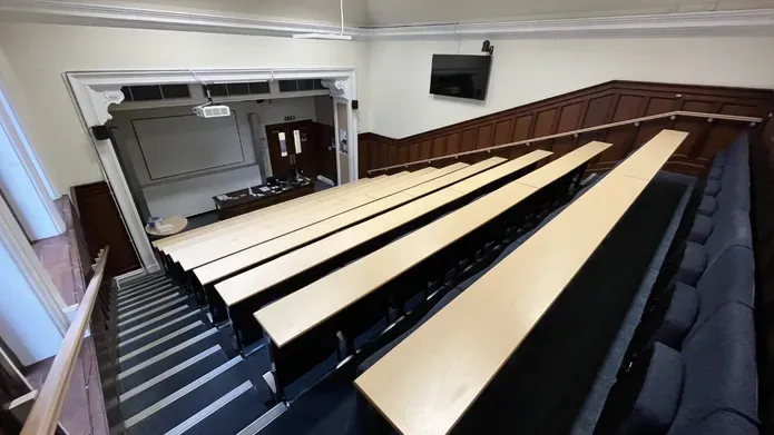 Harris Lecture Theatre from the top row looking down at the stage