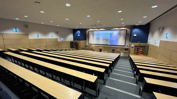 Tower D'Arcy Thompson Lecture Theatre a view from the top row showing the seating and large screen at the front