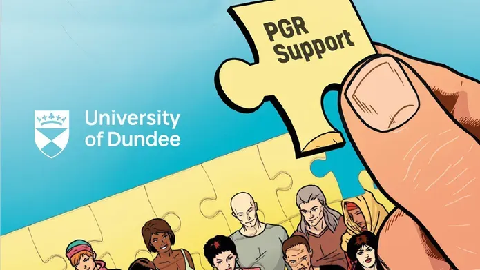 Poster showing a hand holding a piece of a puzzle for the Wellbeing Postgraduate Researcher Narratives as part of TCELT comic series