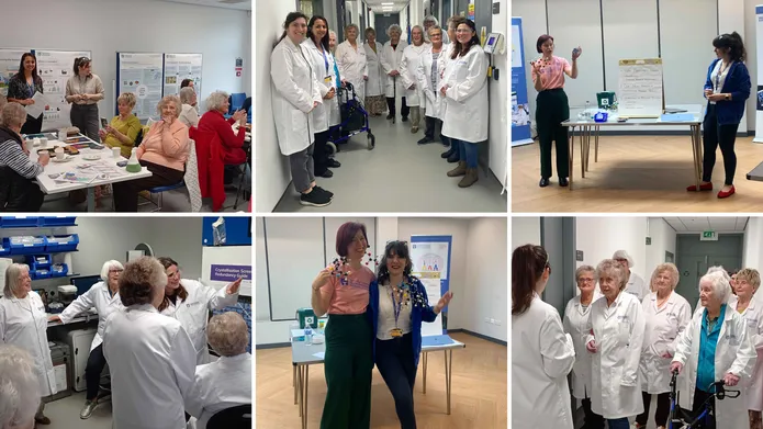 Six photos tiled together showing people in lab coats around a table and then in different spaces around the life sciences building.