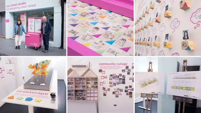 A grid of six images showing the front of a shop and the walls and tables within.