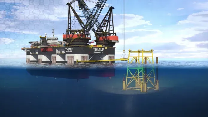 A computer-generated image of an oilrig installing the concept foundations