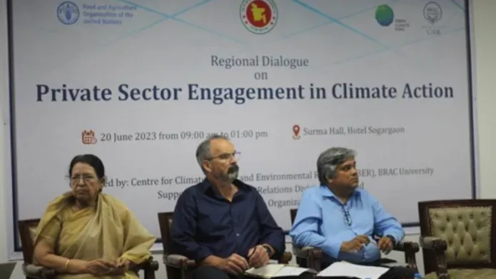 Three people sitting in a panel, a screen behind them reads: Regional dialogue on private sector engagement in climate action.