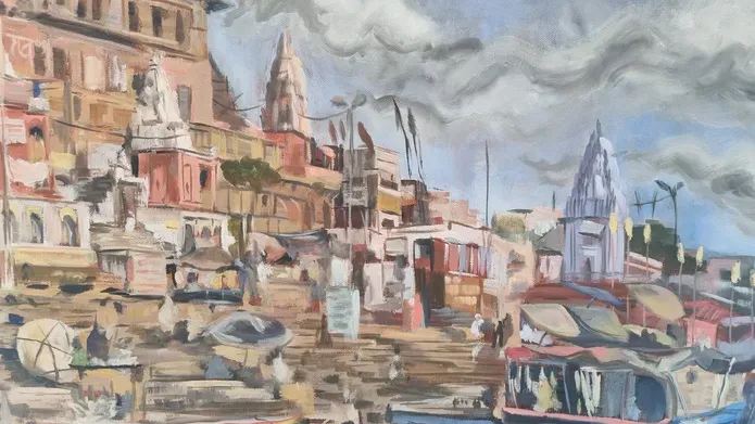 An oil painting depicting a coastal city, with boats in the foreground and buildings in the back.