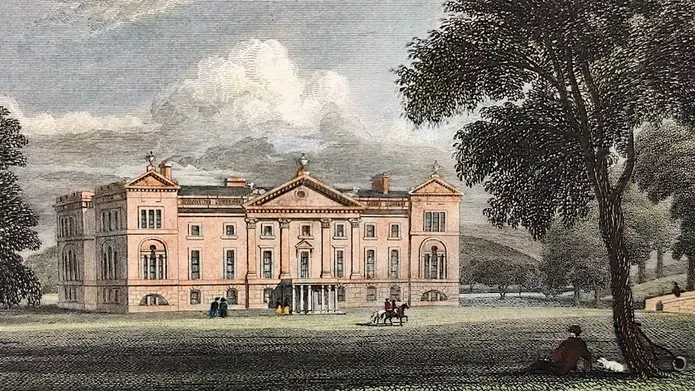 A drawing of a grand country house with the grounds in the foreground.