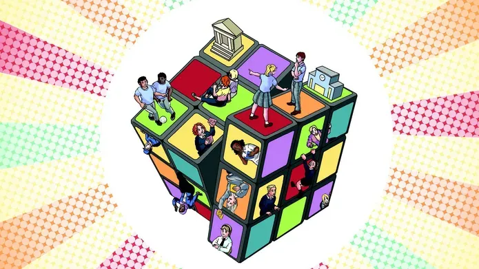 Digital illustration of a Rubik's cube with people placed on it, as if it were a globe.