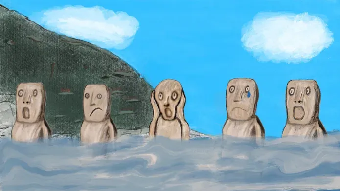 Illustration of five people in the ocean, all looking surprised and worried. There is a bit of land a blue sky in the background.