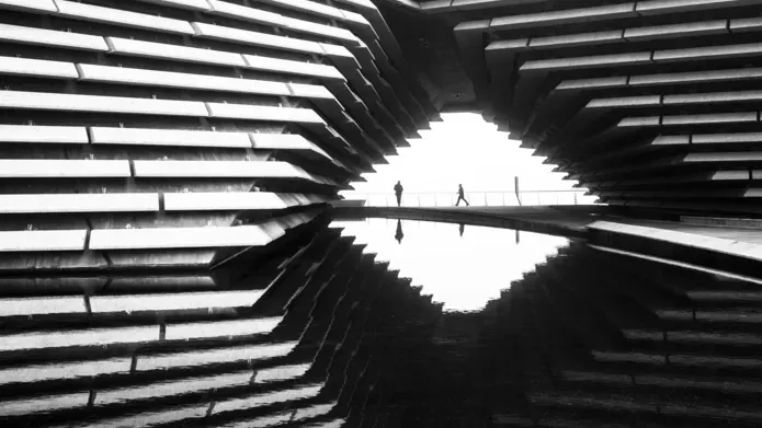 Black and white image of exterior of V&A Dundee