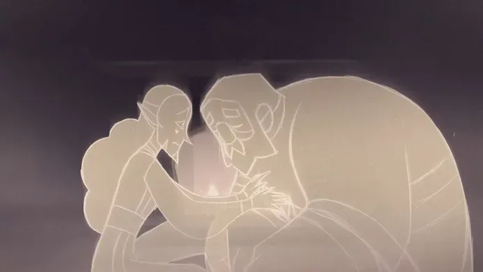 Illustration of two characters sitting facing each other from the animation film - I Remember You