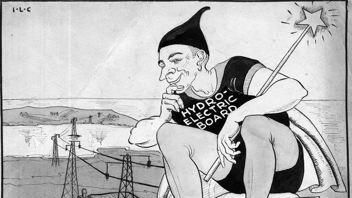 A giant sits on a rock in the water, there are electric pylons behind him and he is holding a magic wand.