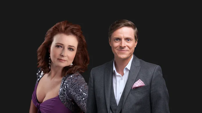 A composite image of James Taylor and Alison Burns against a black backdrop