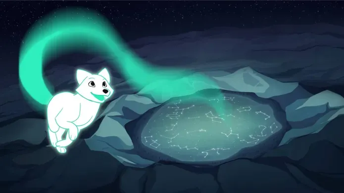 A still from the animation Fox Fires, showing a fox running before an ethereal glow