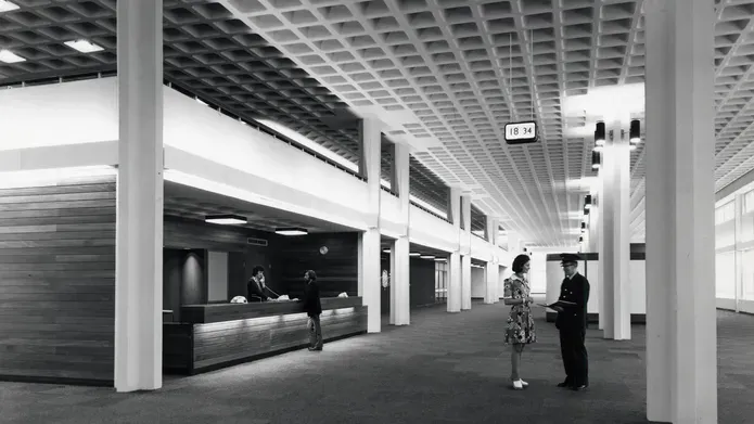 Black and white image of the foyer in Ninewells hospital
