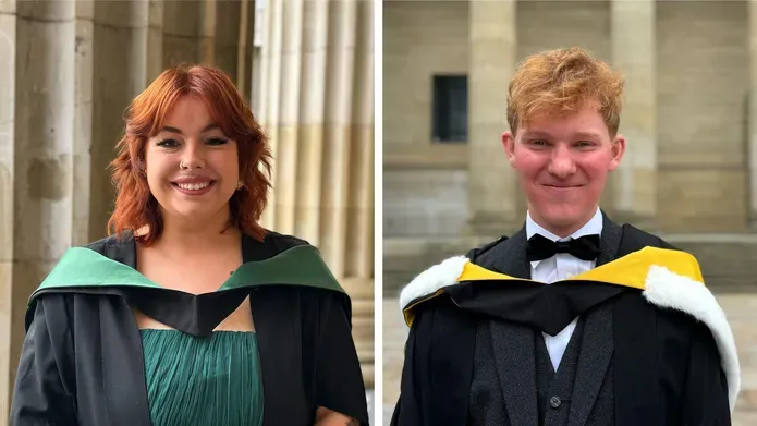 Side by side photos of Danni and Kai, the University of Dundee's Wimberley Award winners, who are wearing their graduation gowns