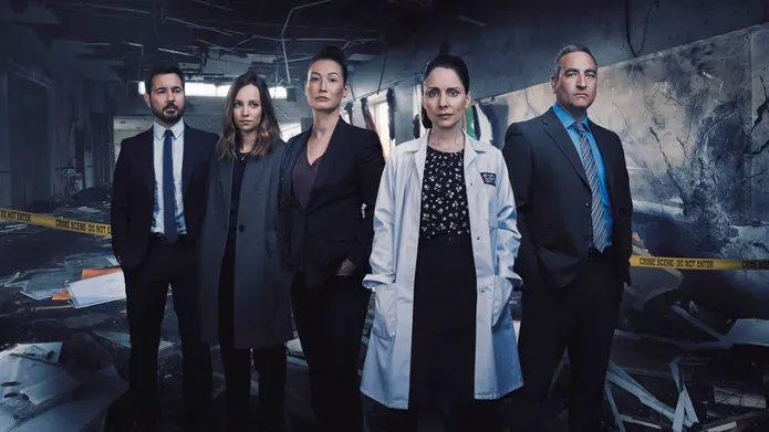 The cast of BBC drama Traces: Martin Compston, Molly Windsor, Jennifer Spence, Laura Fraser and Michael Nardone