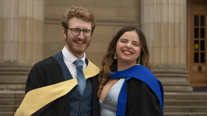 John-Luke Harris and Margarida on the steps of Caird Hall.
