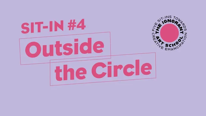Lavender box with with a pink circular logo reading The Ignorant Art School Five Sit-ins Towards Emancipation