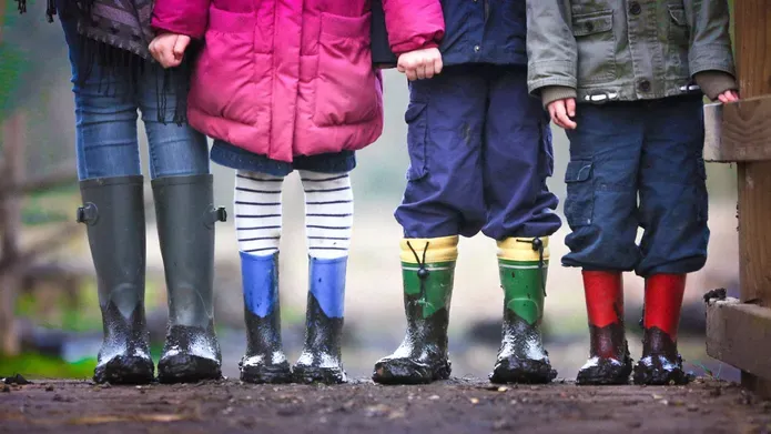 line of children, showing legs and welly boots
