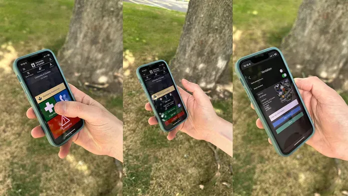 Three shots of a hand holding a phone with the SafeZone app. The first shows a screen with large icons for emergency, non-urgent, and first aid, with the thumb poised to press first aid. The second shows a first aid report in progress. The third shows a form to report vandalism with a map showing the location of the user.