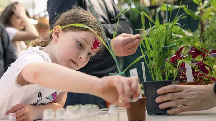 A young girl with a heart painted on her face reaches for a glass vial. Potted plants are in the background.