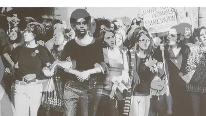 Black and white image overlaying two photos of groups of women protesting, standing on a picket line