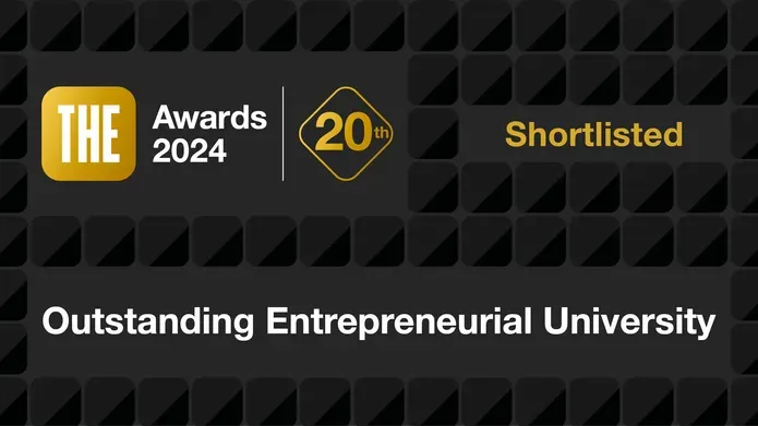 A shortlisting credit for the THE Awards, stating that the University of Dundee is shortlisted for Outstanding Entrepreneurial University of the Year