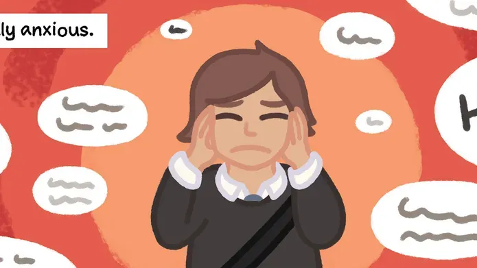 A comic book drawing of a girl holding her head in her hands with text I just felt really anxious and laugh bubbles 