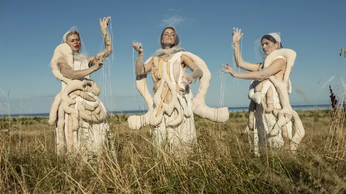 3 dancers in gut-inspired dresses hold a pose in some long grass by a beach