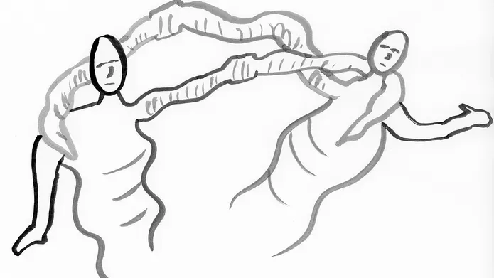 Ink line drawing of two earthworms embracing each other and swaying