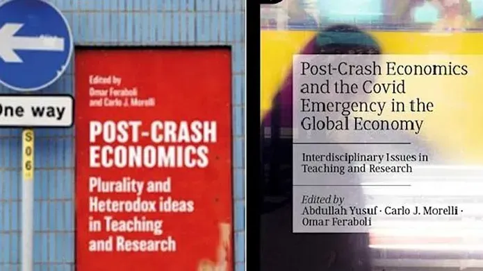 A blue sign with a white arrow pointing left, a red poster is in the middle with white writing and text to the side says "post crash economics and the covid emergency in the global economy".