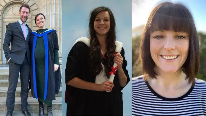 A collage of three images, two of Joanne Kerins at graduations and the third a portrait.