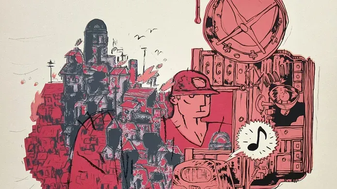 The artwork show the outline of a miner, in pink, embedded with images of a desk, muscial notes, and other elements of Barbara's life