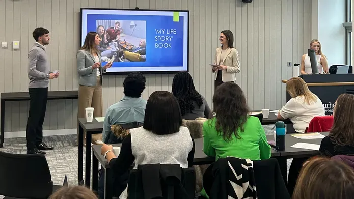 Students, Angus Williams, Rose Colquhoun, Katriona Aitken, Megan McCarthy presenting thier project ReKindle at Enactus UK and Ireland Regionals in Durham