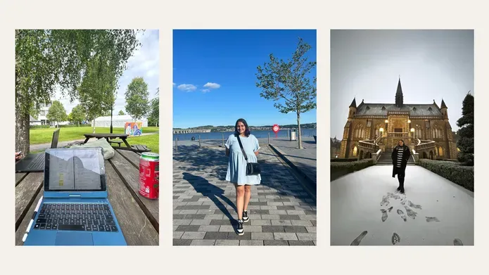 A collage of three images: one showing a laptop on a wooden park bench, the middle is a person wearing a light blue dress, with the river Tay in the background, the third shows a person standing in front of a stone staircase outside of a building in the snow.