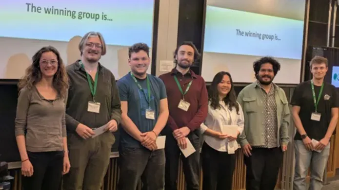 Winning team of ICMS Modelling Camp 2025 (left to right), Academic Facilitator Dr Lisa Kreusser (University of Bath) and postgraduate students Daniel Norman (University of Dundee), Adam Dunajski (University of Edinburgh), Leon Klingborg (University of St Andrews), Bao Khanh Nguyen (University of Edinburgh), Abraham Reyes-Valazquez (University of Manchester) and Jake Bowhay (University of Bristol).