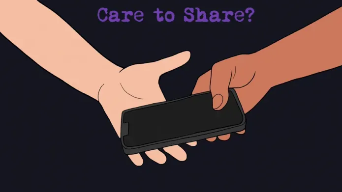 Illustration of one hand passing a smartphone to another person