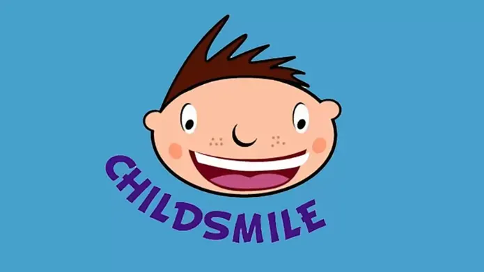 Childsmile logo, a blue background with an illustration of a childs smiling face with the word "childsmile" underneath.