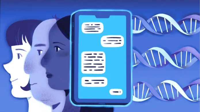 Illustration by Clara Morriss. Depicts the profiles of three faces, a smartphone with visible texts and three stylised strands of DNA.